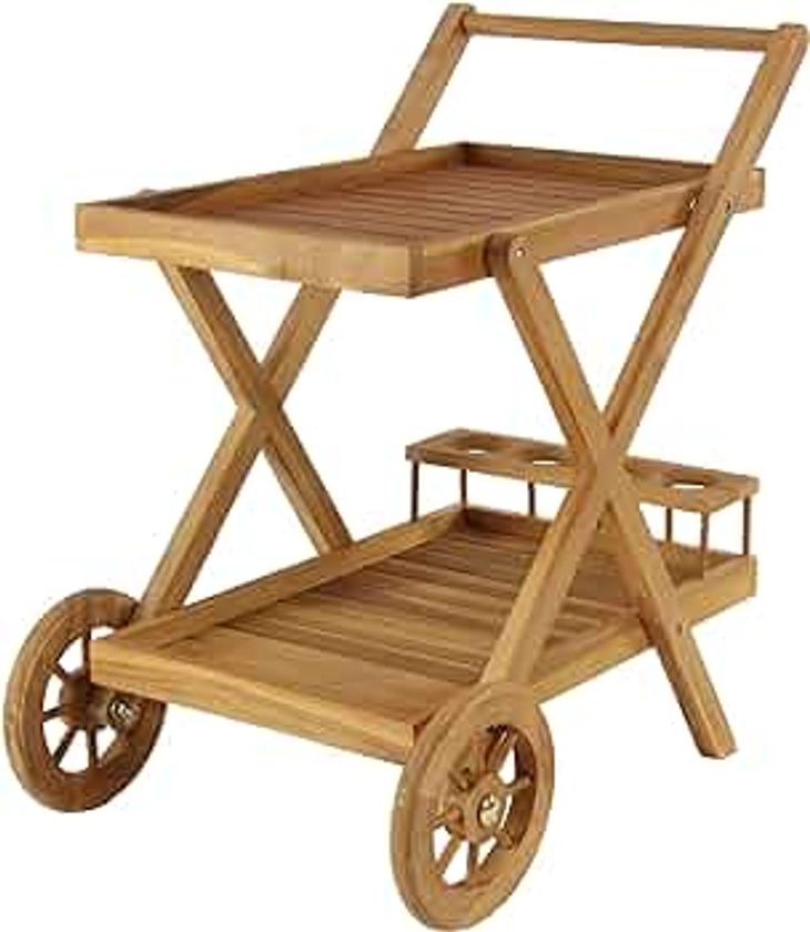 Deco 79 Teak Wood Indoor Outdoor Rolling 2 Shelf Bar Cart with Wheels and Handle, 32" x 21" x 32", Brown