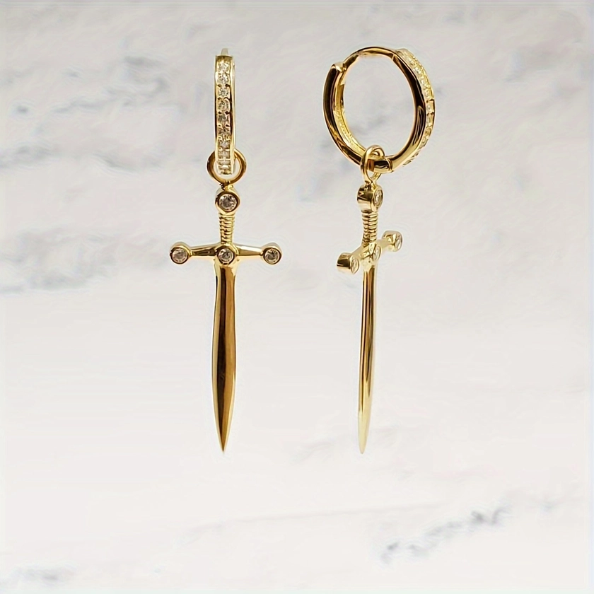 1pc Single Earring 18k Gold Plated Simple Sword Design Paved Shining Zirconia Golden, Silvery, Black Pick A Color U Prefer Suitable For Men And Women