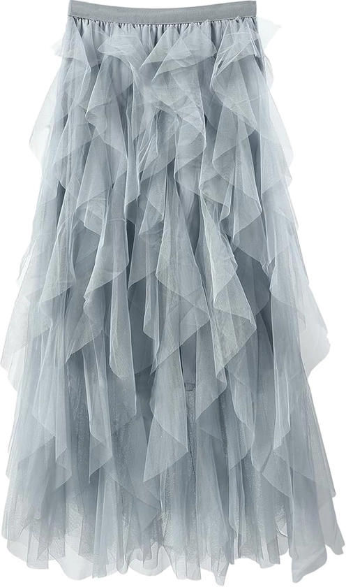 Women Tulle Skirts Layered Tutu Skirt Midi Length Elastic High Waist A Line Skirt