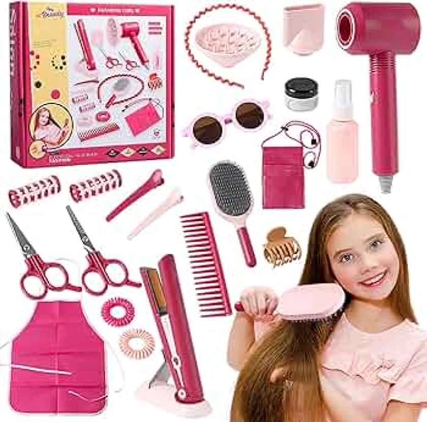 Ensemble de Salon de Beauté,22 PièCes Kit Coiffure pour Enfants,Jouets de Salon de Coiffure,Mode Jeu de Simulation de Coiffeur,Jeu de Rôle de Coiffure pour Enfants Garçons et Filles 3+ Ans.