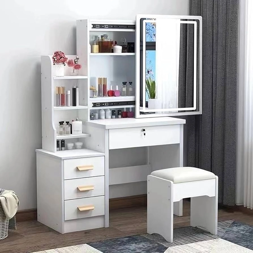 Dressing Table, LED Lights with Adjustable Brightness, Vanity Table with Mirror, 4 Drawers and 6 Shelves, Makeup Table with Mirror and Stool, Makeup Desk Modern Bedroom Dressing Tables with LED Light