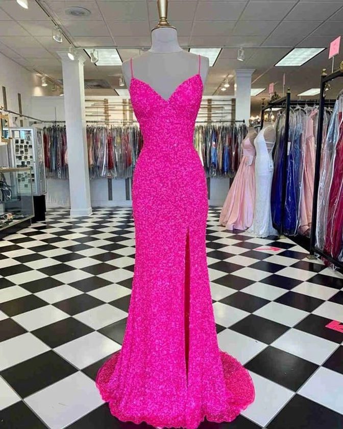 Hot Pink Straps Prom Dress with Slit cg22180