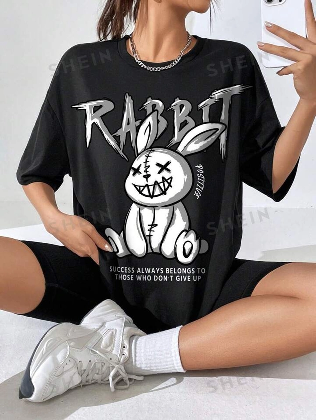 SHEIN EZwear T-shirt ample col rond surdimensionné femme avec imprimé lapin de Pâques, coupe ample d'été "LE SUCCÈS APPARTIENT TOUJOURS À CEUX QUI N'ABANDONNENT PAS"