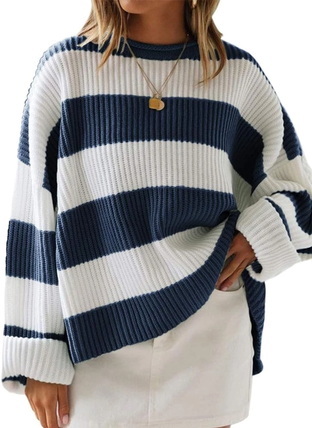 ZESICA Women's 2024 Fall Long Sleeve Crew Neck Striped Color Block Comfy Loose Oversized Knitted Pullover Sweater,Navy,Medium at Amazon Women’s Clothing store