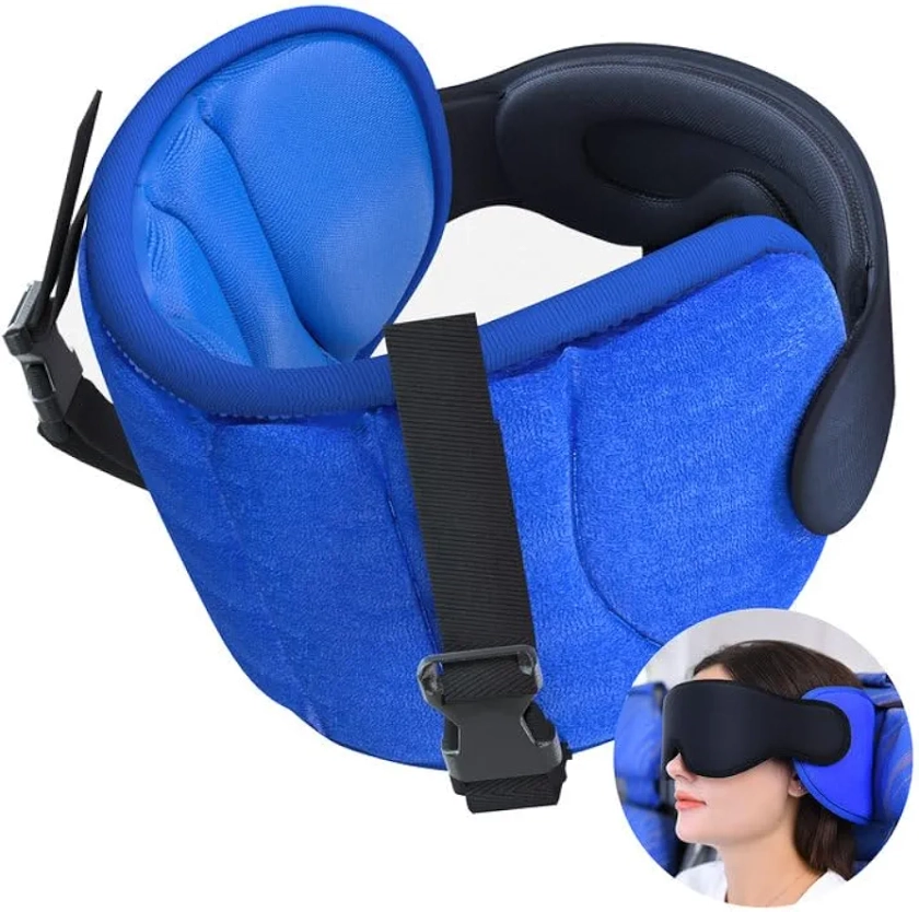 SARISUN Travel Pillow for Airplane, Neck Pillow for Sleeping Travel with Eye Mask, Airplane Pillow for Long Flight, Kids Travel Pillows for Car, Road Trip Car Headrest,Stop Bobblehead, Blue