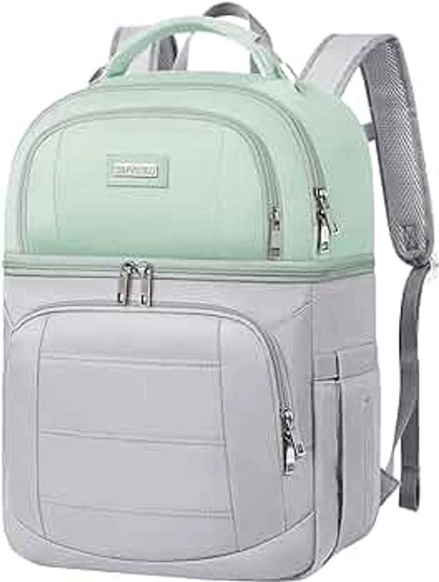 Insulated Cooler Backpack,Leak Proof Soft Double Deck Cooler Bag Lunch Box Backpack for Men Women,Light Green & Grey