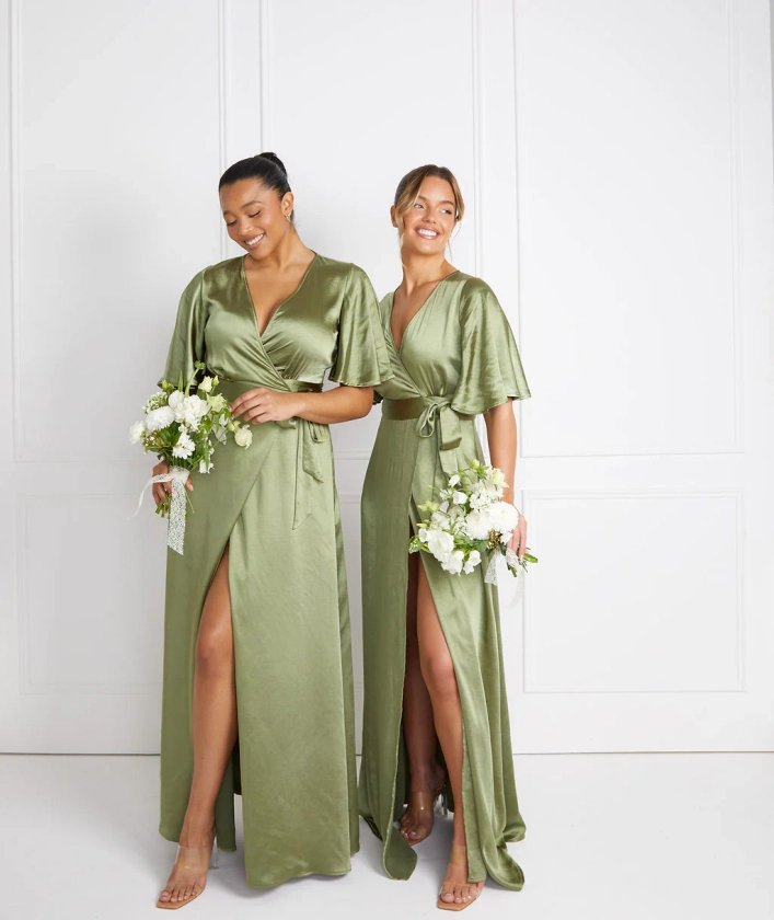 Wrap Tie Satin Bridesmaid Dress - Moss Green