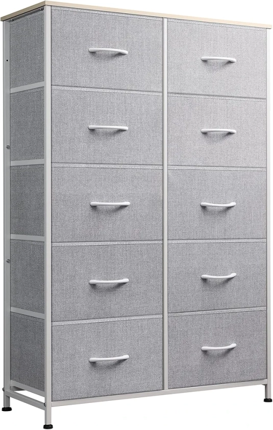 WLIVE Tall Dresser for Bedroom with 10 Drawers, Chest of Drawers, Dressers Bedroom Furniture, Storage Organizer Unit with Fabric Bins for Closet, Hallway, Living Room, Entryway, Light Grey