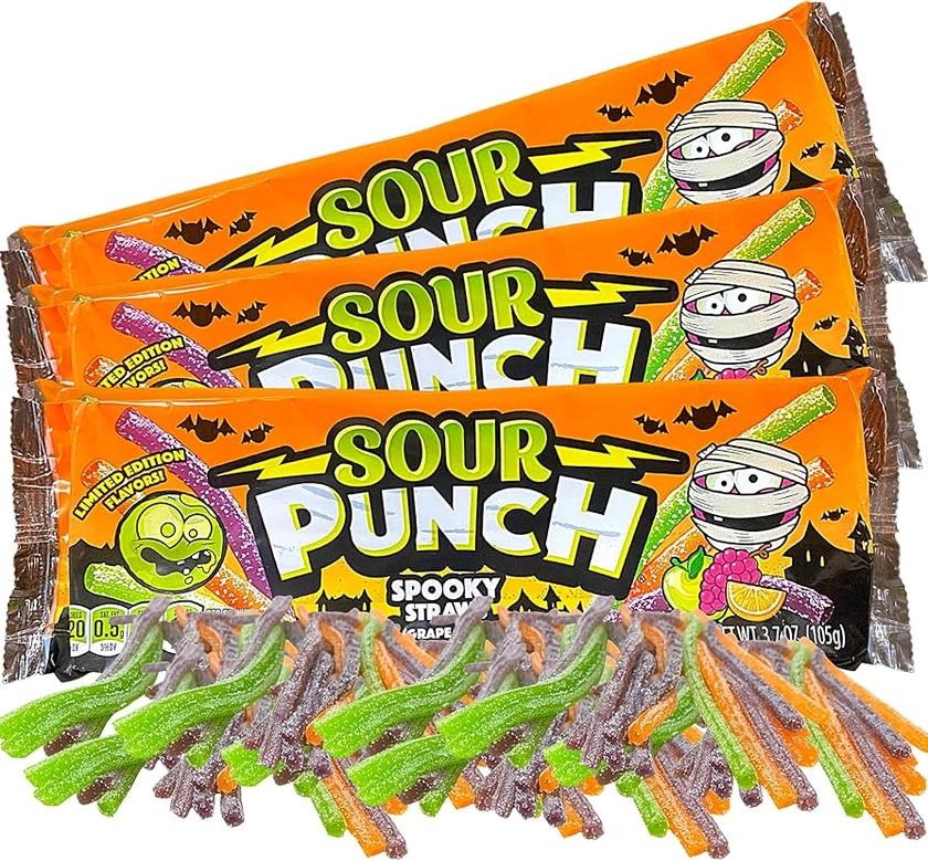 Spooky Sour Punch Straws Assorted Fruit Flavored Halloween Candy, Sugar Coated Gummy Candies Flavor Pack, Pack of 3