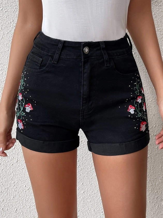 Mushroom Plant Embroidery Cute Denim Shorts Roll Hem - Temu