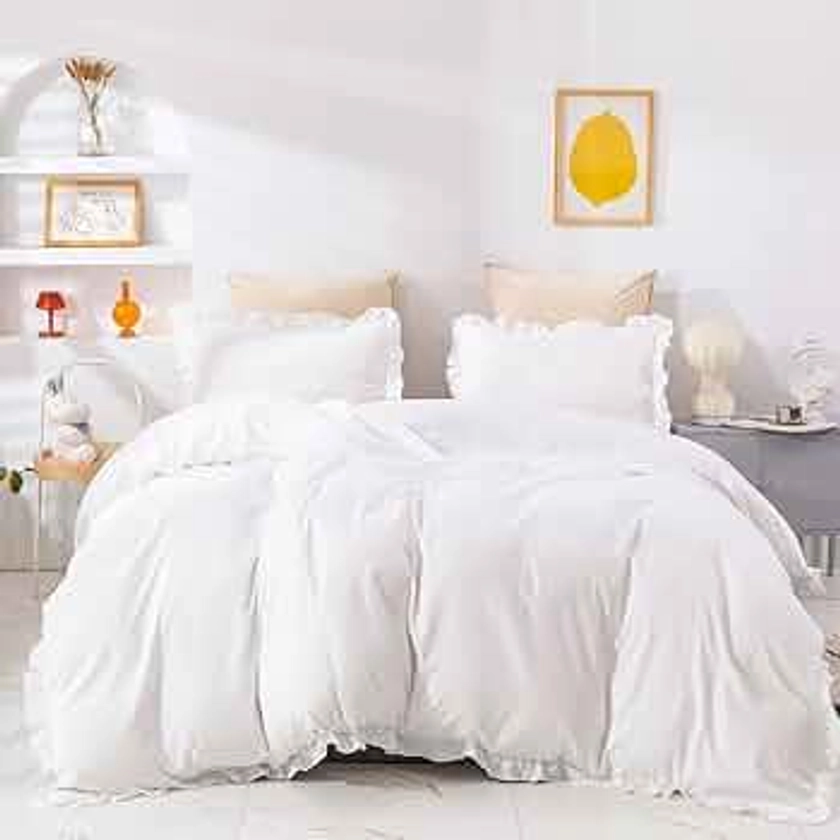 CLOTHKNOW White Full Comforter Set 3Pcs Ruffles Bedding Comforter Sets Boho Comforter Full Sets Farmhouse Vintage Rustic Comforter Shabby Chic Full Size Comforter Sets