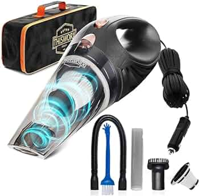 ThisWorx Car Vacuum Cleaner - Car Accessories - Small 12V High Power Handheld Portable Car Vacuum w/Attachments, 16 Ft Cord & Bag - Detailing Kit Essentials for Travel, RV Camper
