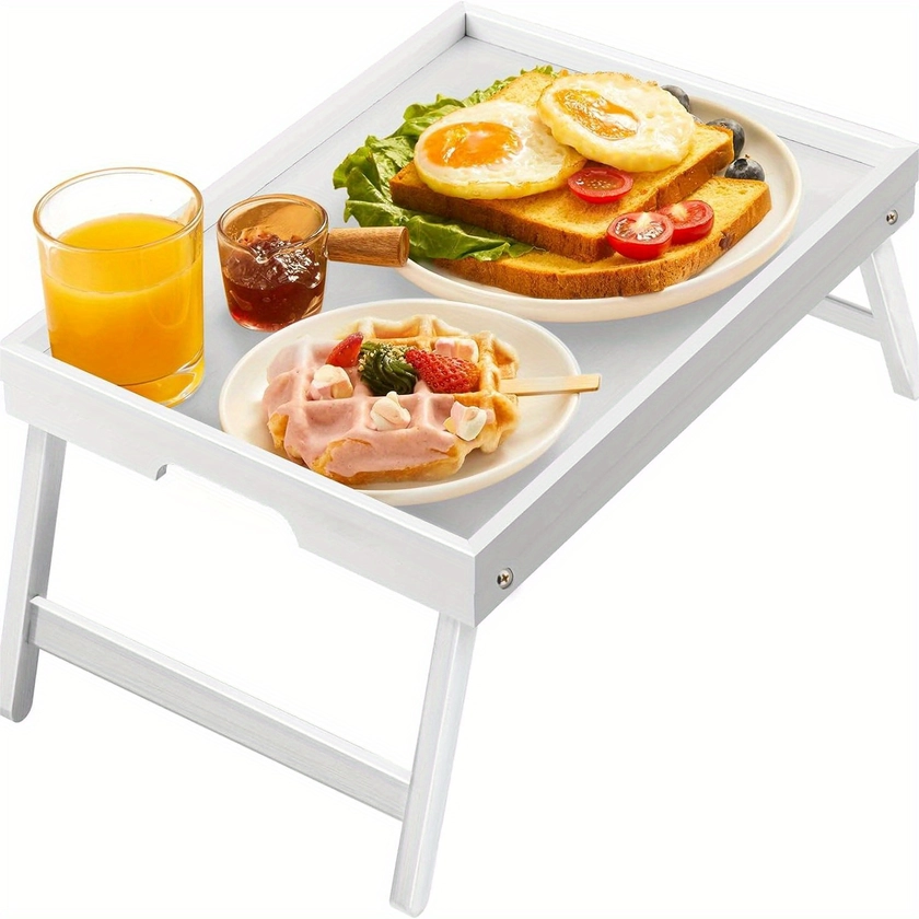 Wooden bed tray table, foldable. Can be used as a dining plate and office computer desk, suitable for outdoor use. Whether enjoying delicious food while camping or working outdoors, it can bring you convenience and enjoyment.