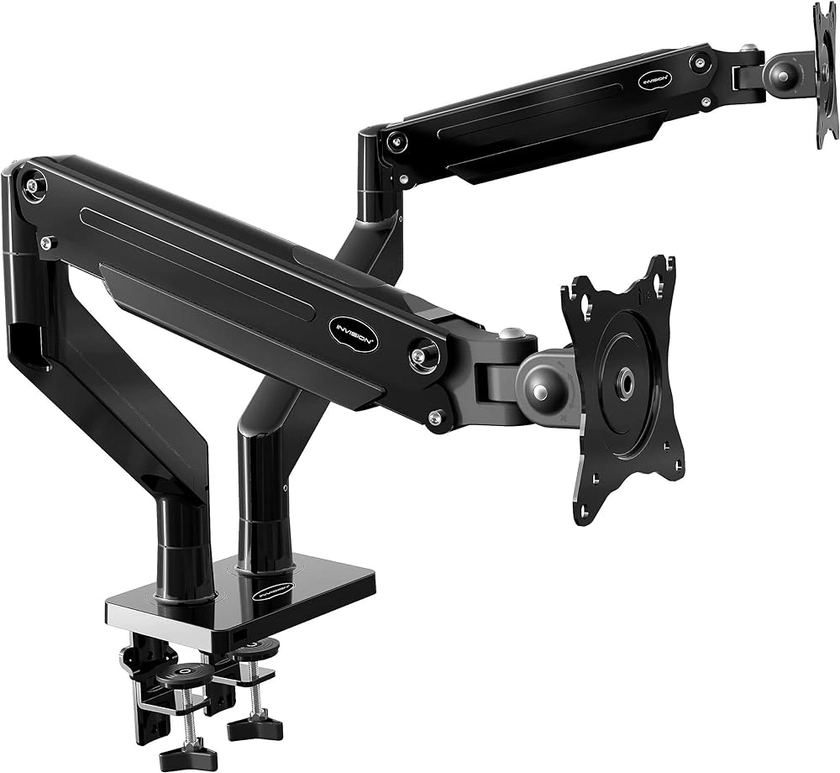 Invision Dual PC Monitor Arm Bracket Ergonomic Height Adjustable (Gas Assisted) Full Motion Long Arm Desktop Clamp Mount for 24”-35” Screens Tilt & Swivel VESA 75mm & 100mm Weight 2kg to 15kg (MX900)