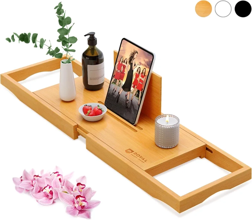 Bathroom Caddy Organizer & Bathtub Tray - Expandable Bamboo Bath Caddy with Wine, Book & Tablet Holder - Luxurious Bath Accessories