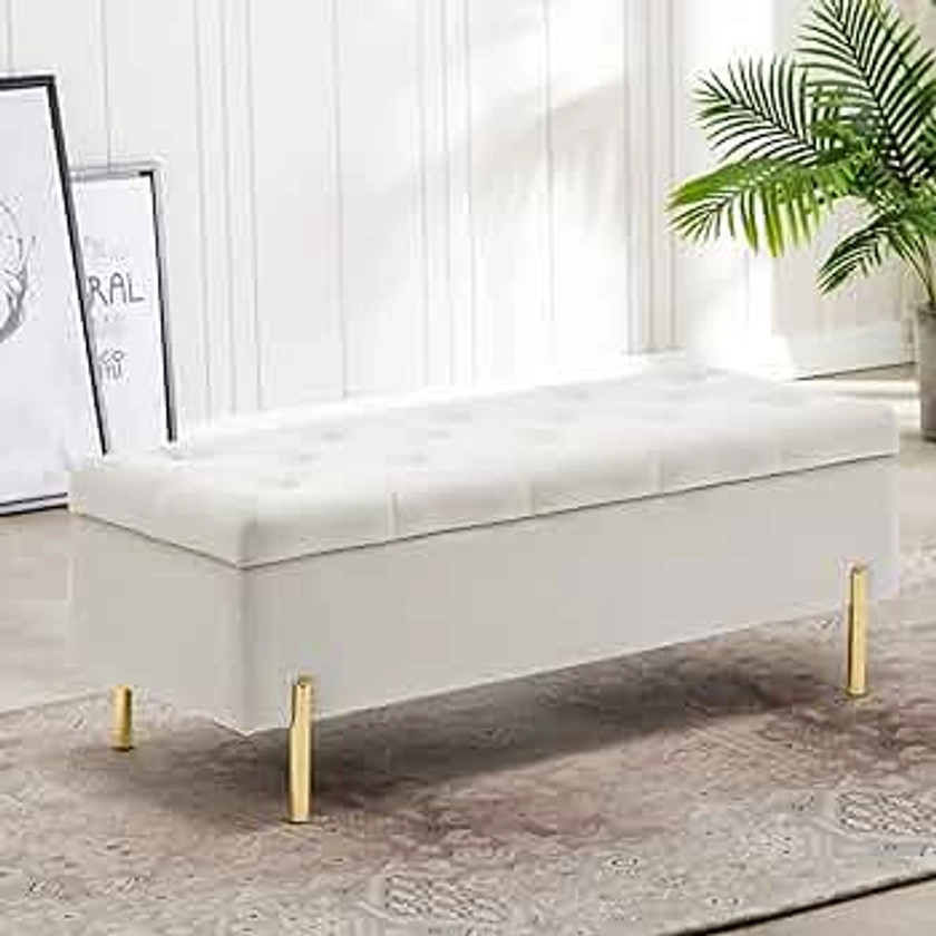 Apeaka Storage Bench Velvet Upholstered Tufted Settee Bench for Bedroom Living Room Entryway Rectangular Ottoman Bench Ivory