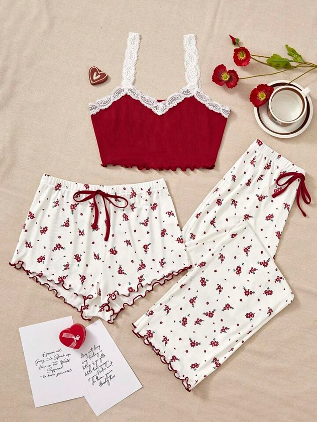 Women's Lace Trimmed Cami Top & Floral Print Shorts/Pants Pajama Set