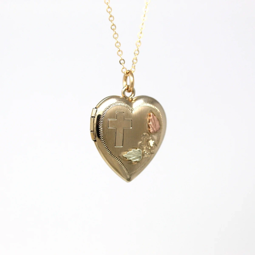 Cross Heart Locket - Modern 14k Yellow Rose Gold Filled Flower Leaf Pe