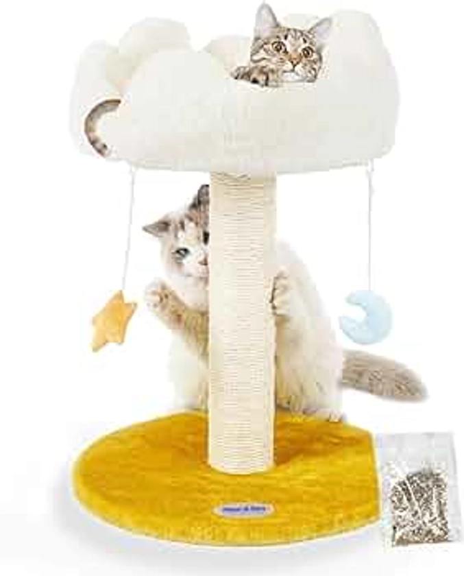 Happi N Pets Cloud Cat Scratching Post with Bed, Cat Tree Tower for Indoor Cats, Natural Sisal Cat Scratcher with Soft Perch for Kitten & Adult Cats, Small Cat Tower with Toys, Cat Activity Tree