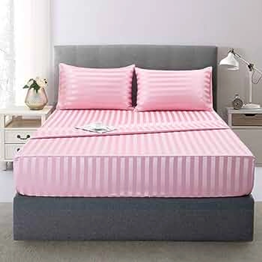 Satin-Silk Sheets Queen Size Bed Set, Pink Soft Cooling Deep Pocket Queen Sheets, Hypoallergenic, Wrinkle and Fade Resistant Bedding Set, 4 Piece, Striped