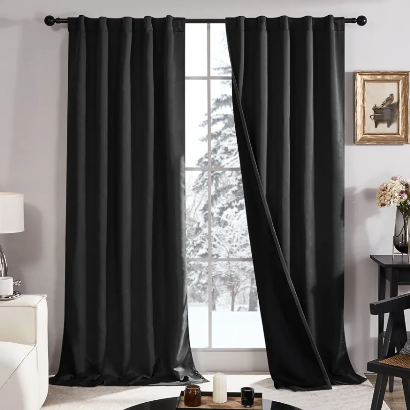 Deconovo Black Blackout Curtains - Room Darkening Curtains for Bedroom Windows, Rod Pocket and Back Tab Top Curtains, Thermal Drapes for Home Door (Black, 2 Panels, 42W x 84L Inch)