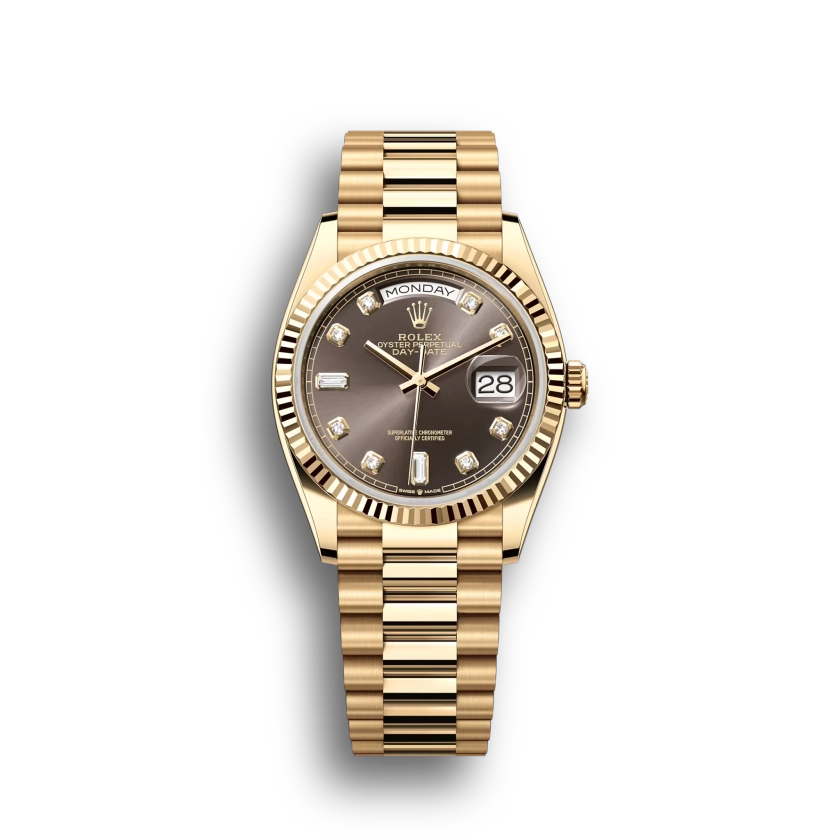 Rolex Day-Date: 36 mm, Yellow gold, dark grey, diamond-set dial, fluted bezel, President bracelet, m128238-0022