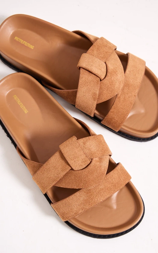 Sand Faux Suede Round Toe Weave Strap Sandals