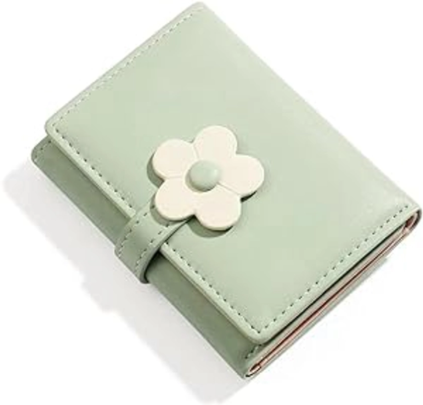 Girls Cute flowers Print Wallet, Small Tri-folded Aesthetic Wallet, PU Leather Purse Cash Pocket Card Holder ID Window Purse for Women（green
