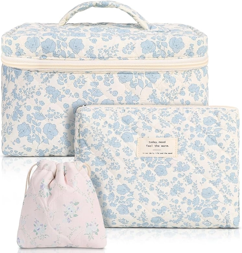 Halinuia 3 Piezas Maquillaje, Neceser Maquillaje Grande Neceser Viaje Mujer de Algodón Organizador Bolsa de Aseo con Estampado Floral para Maquillaje Necessaire Viajes Accesorios de Mujer