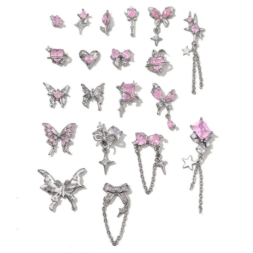 Zunderes-Breloques à ongles roses incrustées de diamants de luxe, nœud 3D, cœur, papillon, accessoires de manucure, vente en gros, 5 pièces