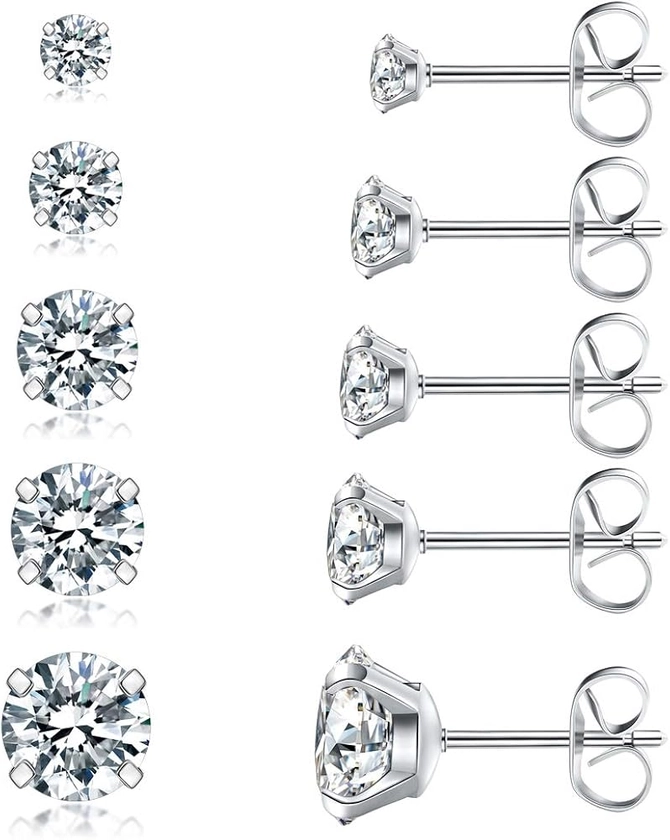 5 Pairs Stud Earrings Set, Hypoallergenic Cubic Zirconia 316L Earrings Stainless Steel CZ Earrings 3-8mm (Steel color)