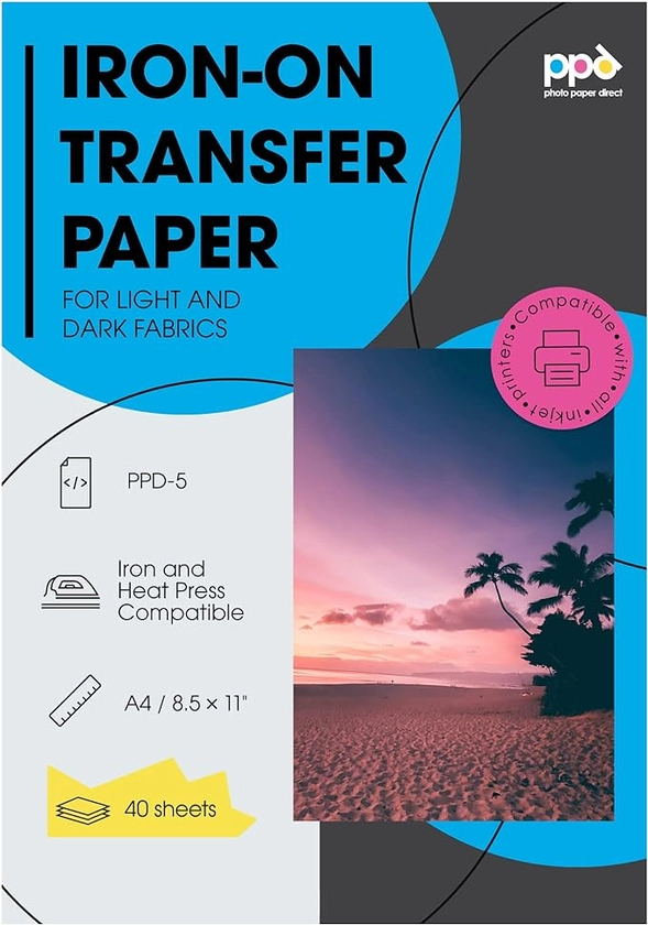 PPD 40 x A4 Inkjet Premium Transferpapier Hell/Dunkel, für Bügeleisen und Transferpresse PPD-5-40 : Amazon.de: Küche, Haushalt & Wohnen