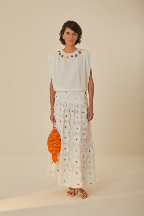 White Daisy 3D Flower Embroidered Maxi Skirt