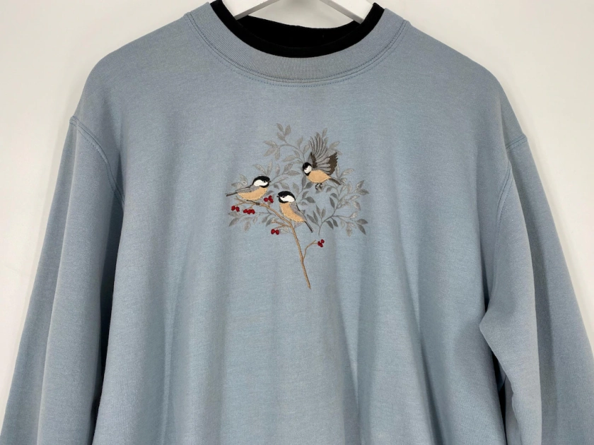 Vintage 90's Embroidered Chickadee Crewneck Sweatshirt By Top Stitch For Morning Sun \ Size L \ Please See Description, Photos And Video