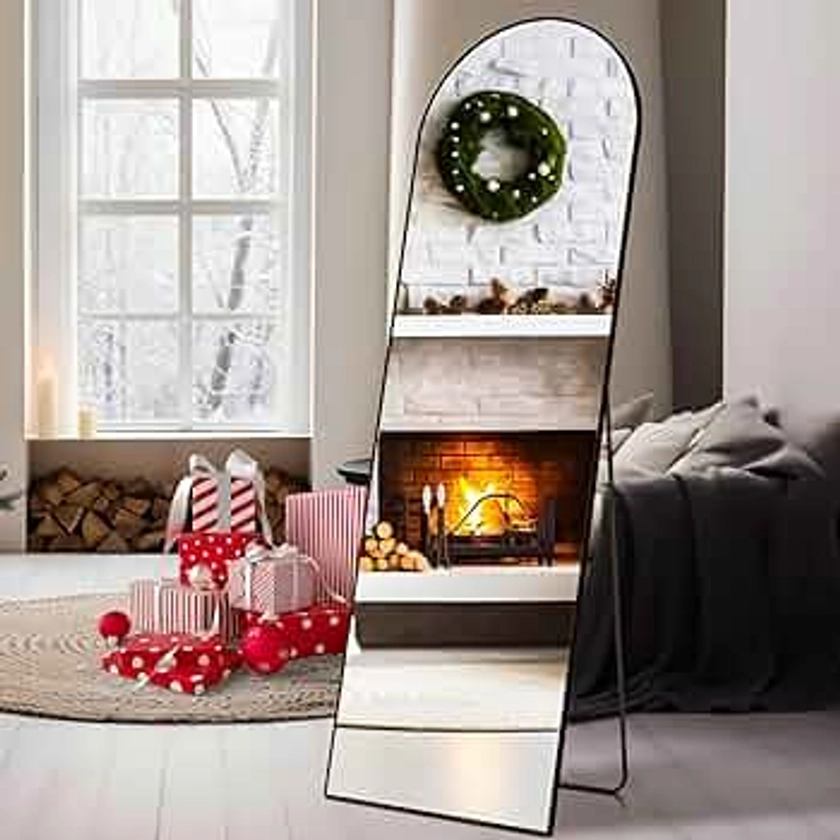 Sweetcrispy Arched Full Length Mirror 59"x16" Full Body Floor Mirror Standing Hanging or Leaning Wall, Arch Wall Mirror with Stand Aluminum Alloy Thin Frame for Bedroom Cloakroom,Black