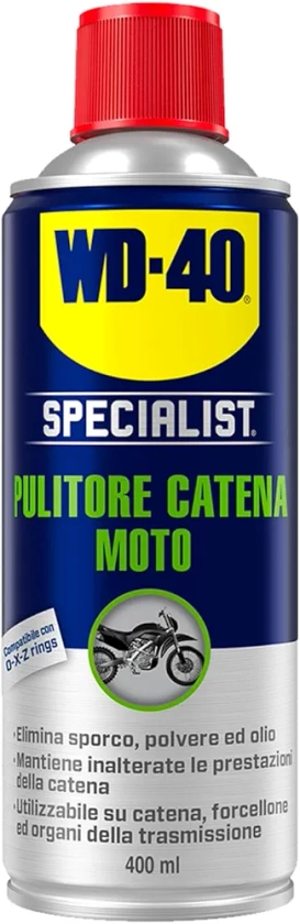 WD-40 - Specialist - Pulitore Catena Moto - Asciugatura rapida, Non lascia residui - Pulisce, previene l'usura - Per catene, forcelloni e trasmissioni - Compatibile con O, X e Z ring - Spray 400ml