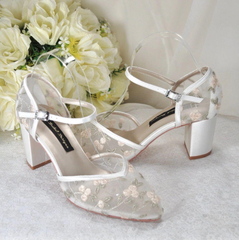 Ivory Block Heel Bridal Sandals With Matching Bag, Embroidered Wedding Shoes for Bride - Etsy UK