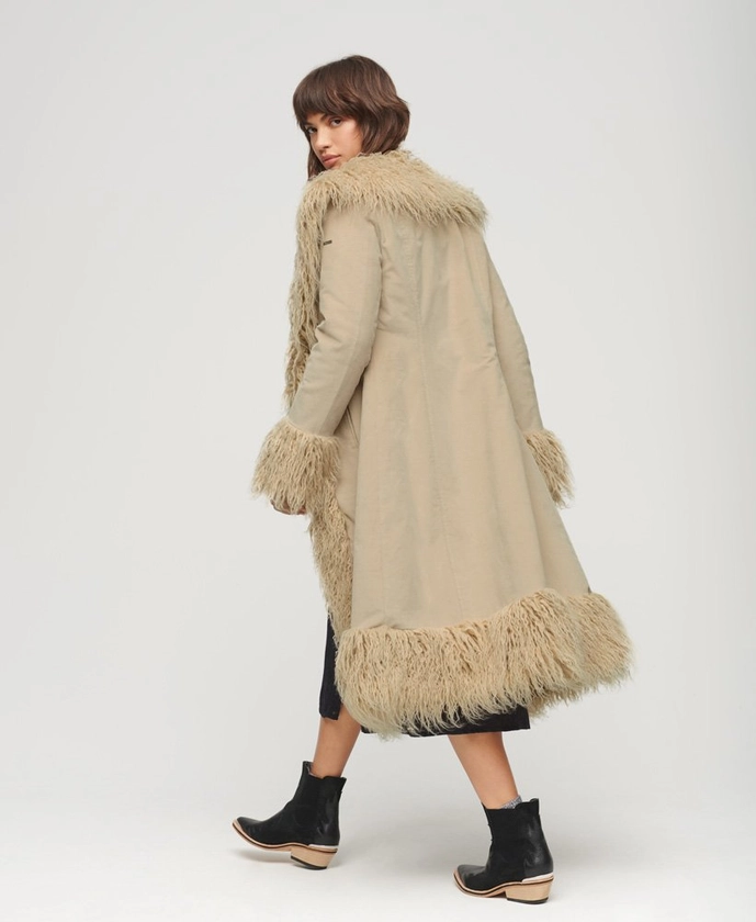 Womens - Faux Fur Lined Longline Afghan Coat in Stone Wash Taupe Brown | Superdry UK