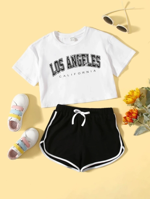 SHEIN Tween Girl Letter Graphic Crop Top & Contrast Binding Shorts