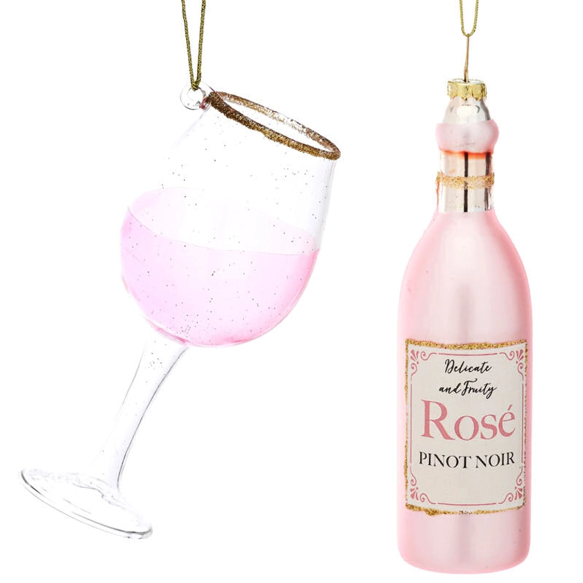 Bottle of Rose and Wine Glass Christmas Tree Baubles