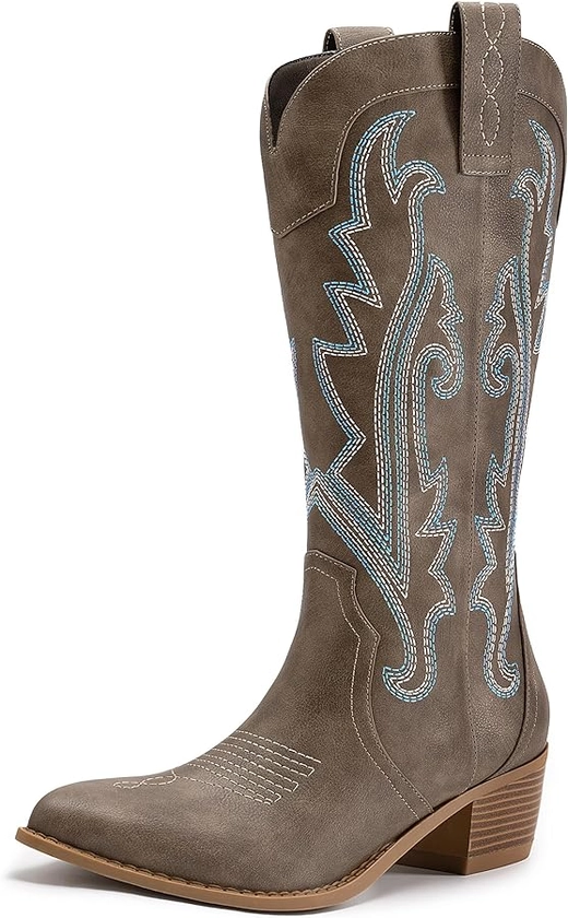 Athlefit Women's Embroidered Western Cowboy Boots Fashion Pointed Toe Chunky Heel Mid Calf Cowgirl Boots