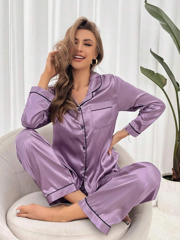 Contrast Piping Satin Blouse & Pants PJ Set / Pajama Set