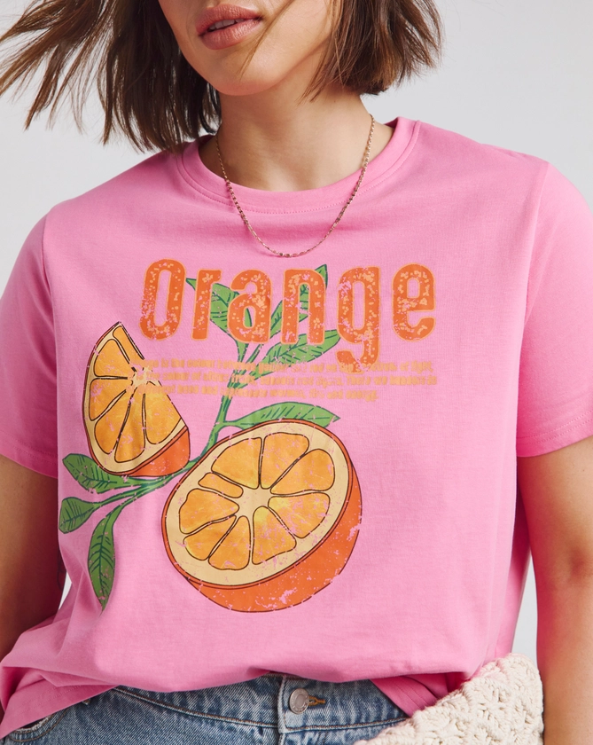 Hot Pink Oranges Slogan T-Shirt
