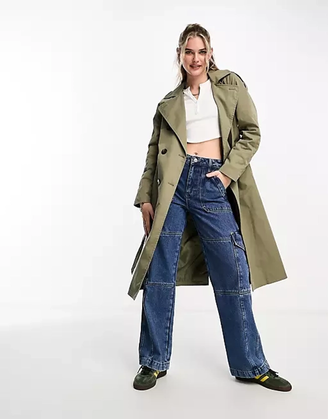 Pull&Bear belted trench coat in khaki