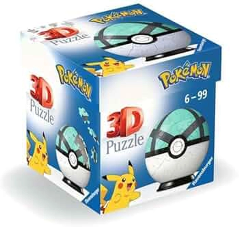 Ravensburger - Puzzle 3D Pokemon Pokeball Bola Red, Pokebola verde, puzzles niños 6 años, construcción, 54 piezas numeradas, Fácil montaje, Incluye un soporte para decorar