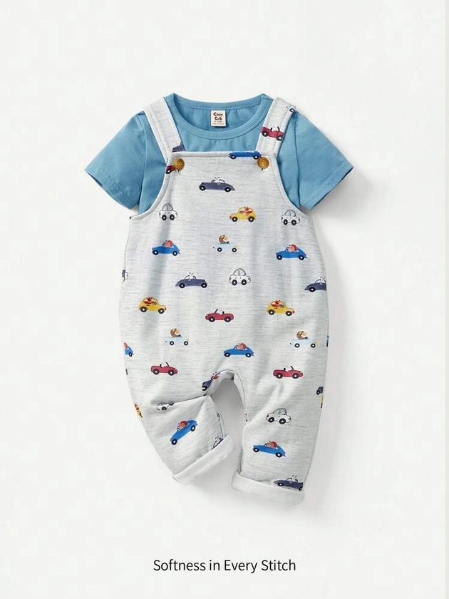 Cozy Pixies Baby Boy Solid Color Round Neck Short-Sleeved T-Shirt Cartoon Animal Pattern Suspenders Trousers Two-Piece Set