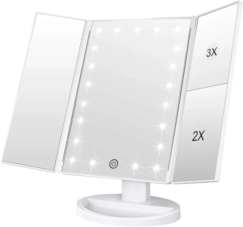 WEILY Makeup Mirror with 21 Natural LED Lights, 3X/2X Magnification, Batteries/USB Dual Power Supply Lighted Cosmetic Mirrors (White)