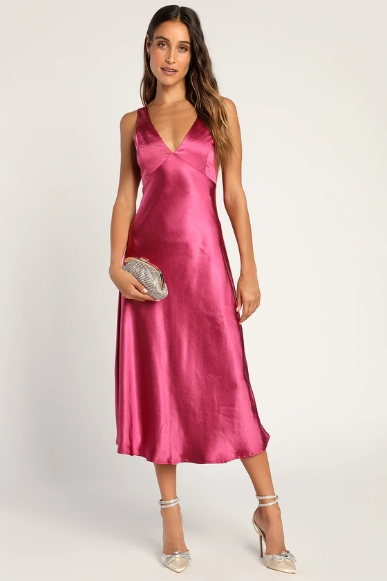 Incredible Love Magenta Satin Cowl Back Midi Slip Dress