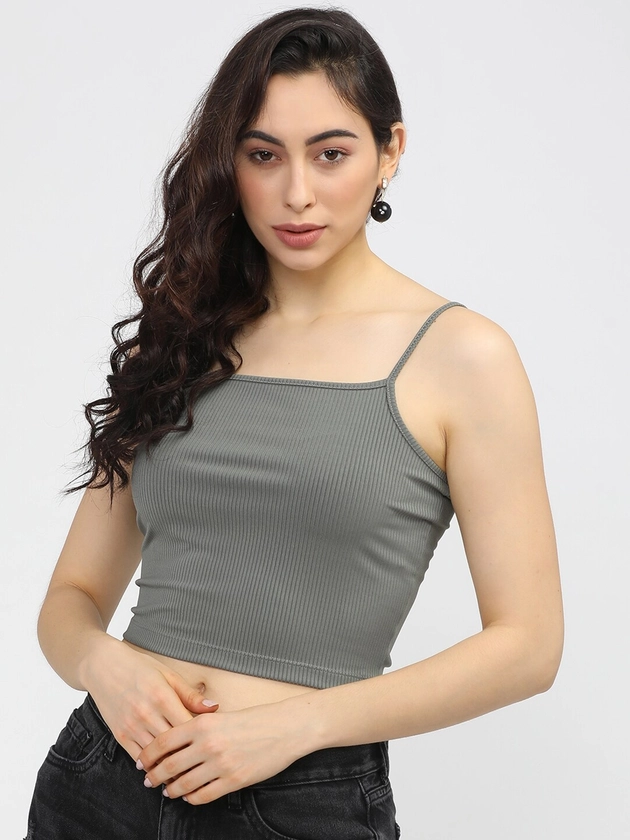 Tokyo Talkies Grey Self-Striped Knitted Crop Top