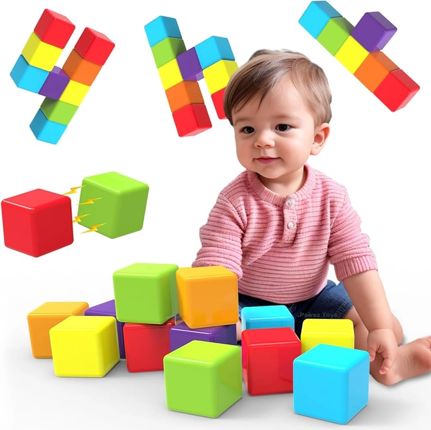 Magnetic Building Blocks, 1.65 inch Large Magnetic Stacking Cubes for Toddlers, Sensory & Montessori Toys for Boys & Girls 1 2 3 Years Old (Large Blocks for Age 1+ (12 PCS)